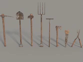 A group of farming tools, rake, sickle, shovel, hoe, mowing grass, low face number, low model, simple model game, film and television level, super realistic 3d model