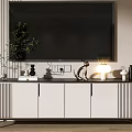 Modern TV Stand In Living Room With Storage Cabinets Decorative Plant And Warm Lighting