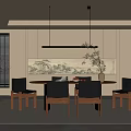 Modern Restaurant Interior With Round Dining Table Black Chairs Landscape Painting Plant And Hanging Lamp