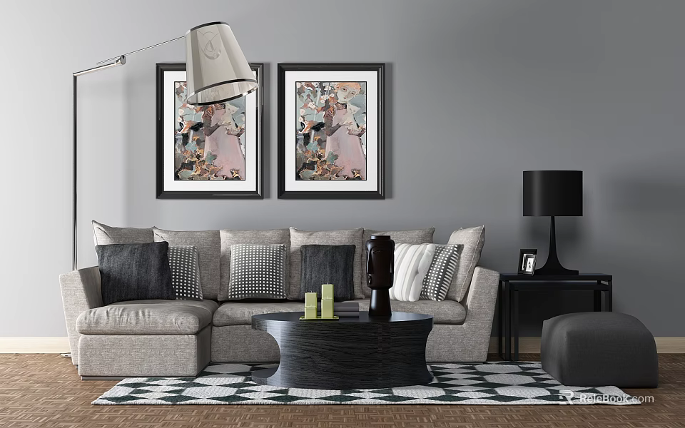 Modern Sofa and Coffee Table Set With Patterned Pillows Geometric Rug and Wall Art 3d model