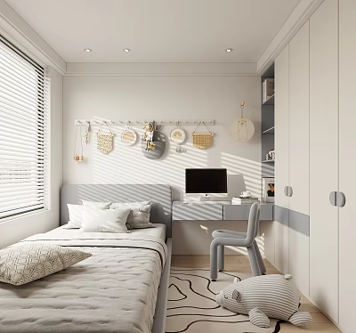 Modern Kids Room Interior Design With Bed Desk Computer Chair Blinds And Wall Decor 3d model