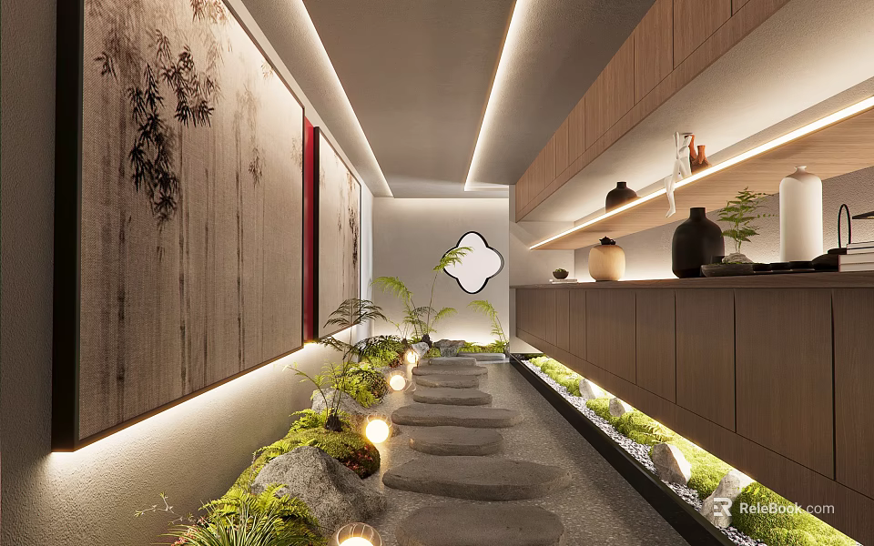 Indoor Garden Decor With Stone Path Green Plants And Wooden Cabinets 3d model 