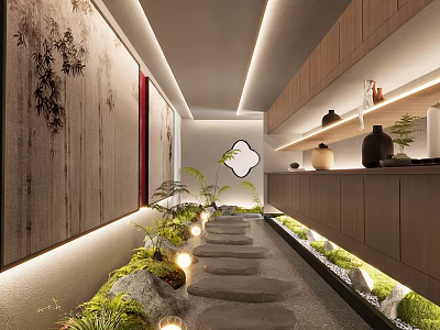 Indoor Garden Decor With Stone Path Green Plants And Wooden Cabinets 3d model