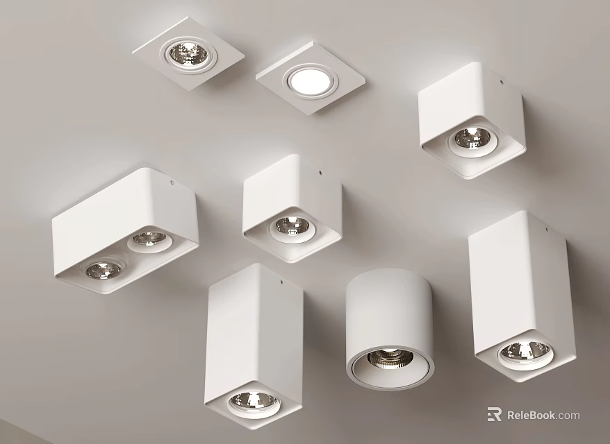 Modern White Downlights And Spotlights Installed On Ceiling With Different Styles And LED Lighting 3d model