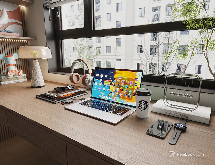 Modern Home Office Desk Setup With Laptop Headphones Desk Lamp Coffee Cup And Stationery 3d model 