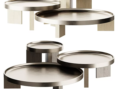 Modern Round Tray Top Coffee Table With Metal Surface And Wooden Legs Design 3d model