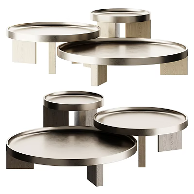 Modern Round Tray Top Coffee Table With Metal Surface And Wooden Legs Design 3d model