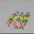 Colorful Trees with Multicolored Flowers Brown Trunks Green Grass and Stone