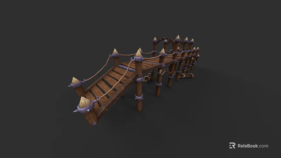 Wooden Bridge With Spiked Tops Rope Railings And Plank Walkway Design 3d model 