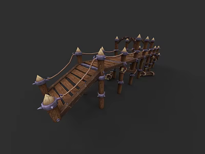 Wooden Bridge With Spiked Tops Rope Railings And Plank Walkway Design 3d model