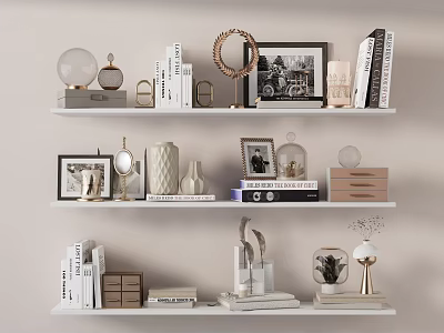 Decorative Ornament Set with Books Photo Frames Vases and Glass Domes on White Shelves 3d model