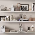 Decorative Ornament Set with Books Photo Frames Vases and Glass Domes on White Shelves
