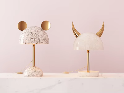 Cute Table Lamps With Mickey Mouse Ears And Golden Horns On Marble Table 3d model