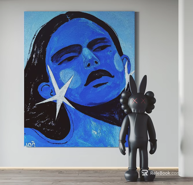 Blue Female Portrait Painting With Closed Eyes Dark Lips White Stars And Black Rabbit Doll 3d model 