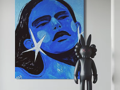 Blue Female Portrait Painting With Closed Eyes Dark Lips White Stars And Black Rabbit Doll 3d model