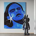 Blue Female Portrait Painting With Closed Eyes Dark Lips White Stars And Black Rabbit Doll