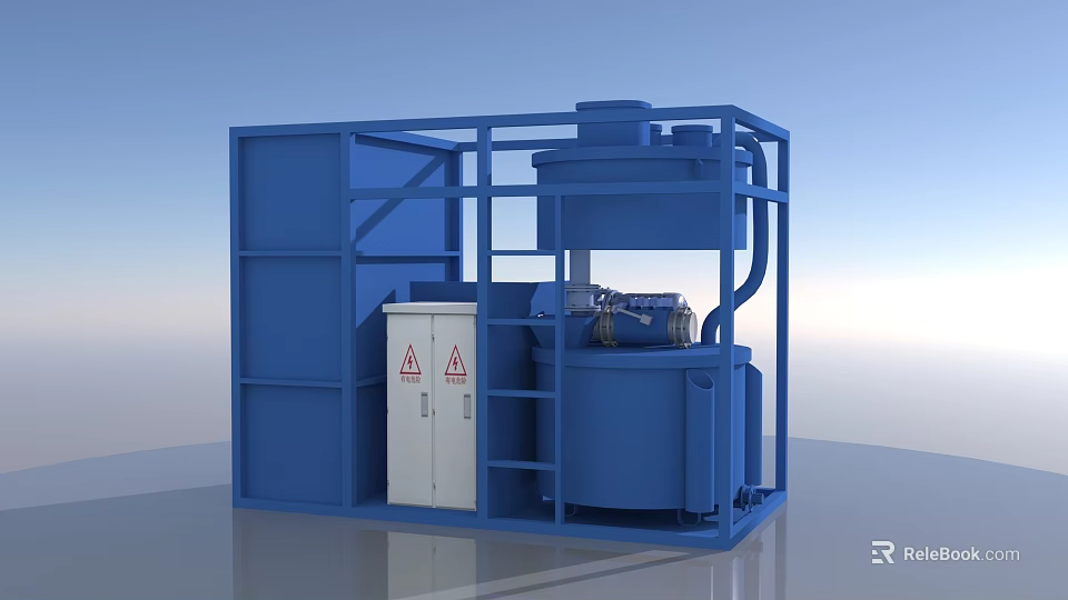 Blue Industrial Equipment Structure With Metal Frame White Cabinet And Warning Sign 3d model 