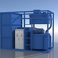 Blue Industrial Equipment Structure With Metal Frame White Cabinet And Warning Sign