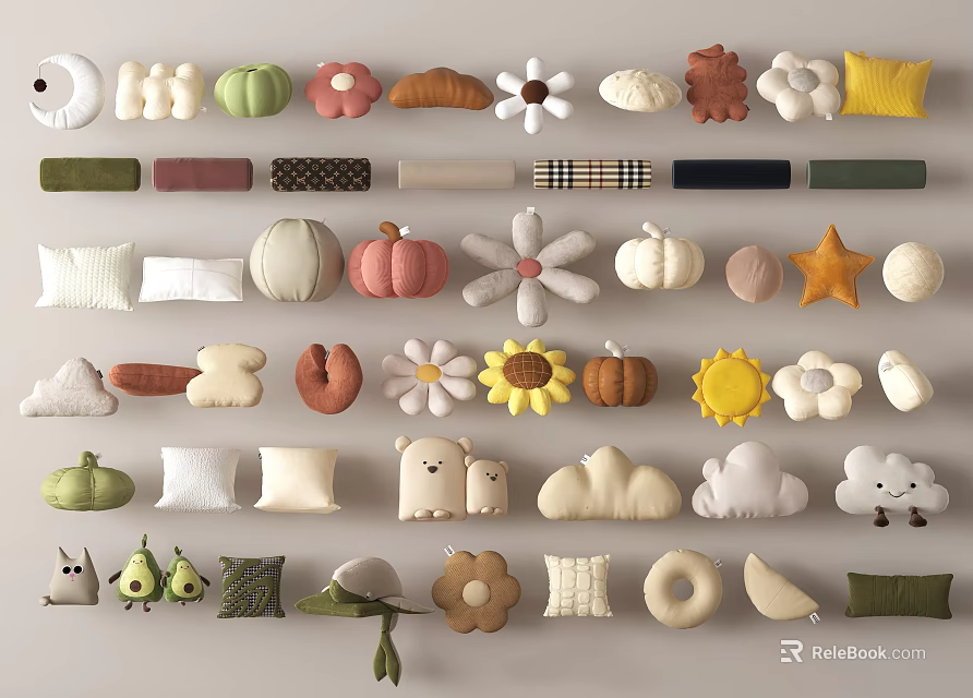 Various Cute Decorative Pillows Featuring Different Shapes Flowers Animals And Clouds 3d model