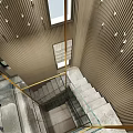 Modern Elevator Hallway with Wooden Panels Glass Door Staircase and Marble Floor