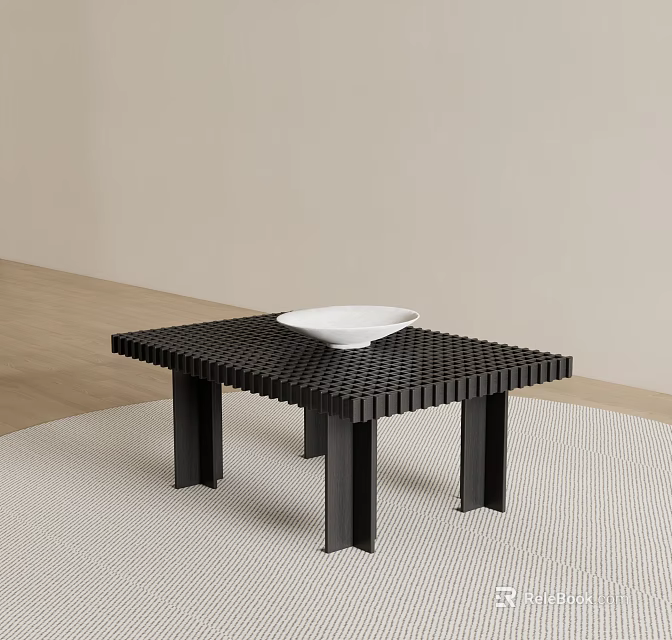 Minimalist Black Grid Design Coffee Table With White Bowl On Light Carpet Floor 3d model 