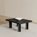 Minimalist Black Grid Design Coffee Table With White Bowl On Light Carpet Floor