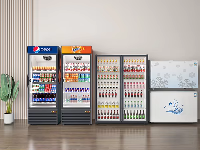 Commercial Beverage Refrigerators With Glass Doors And Freezer Stocked With Drinks 3d model