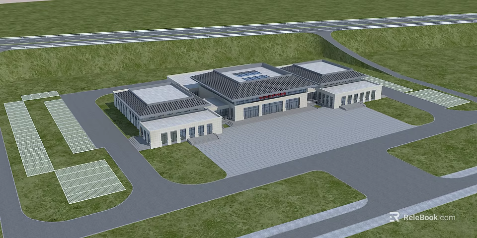 Modern Museum Building With Flat Roof And Large Windows Surrounded By Green Lawn And Pathways 3d model 