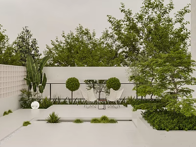Modern Outdoor Garden Landscape Design With Trimmed Trees Green Shrubs And White Wall 3d model
