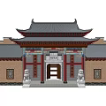 Ancient Chinese Architecture Traditional Design With Upturned Eaves Gray Tiled Roofs And Red Doors