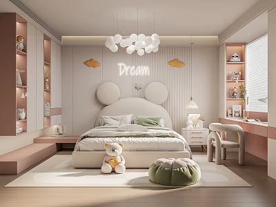 Cute Kids Room Interior With Mickey Mouse Ears Bed Dream Wall And Cloud Pendant Lights 3d model