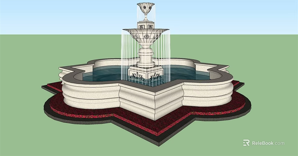 Ornamental Multi Tiered Fountain With Petal Shaped Base And White Stone Design 3d model 