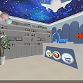 Bright HABA Kids School Interior with Starry Sky Ceiling Reception Desk Bookshelves and Balloons