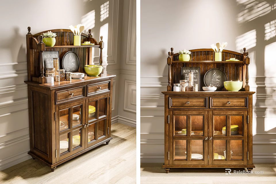 Classic Wooden Sideboard With Glass Doors Decorative Plates Vases And Storage Cabinets 3d model 