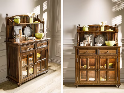 Classic Wooden Sideboard With Glass Doors Decorative Plates Vases And Storage Cabinets 3d model