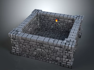 Square Stone Built Architectural Structure with Intricate Masonry Walls and Interior Flame 3d model