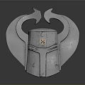 Futuristic Metallic Weapon Helmet With Winged Design Textured Surface And Central Emblem