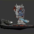 Exquisite Red White Blue Robot Figure Scene With Rock Base Green Plants Red Rope
