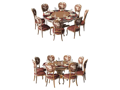 Classic Round Dining Table Set With Wooden Frame And Patterned Upholstered Chairs 3d model