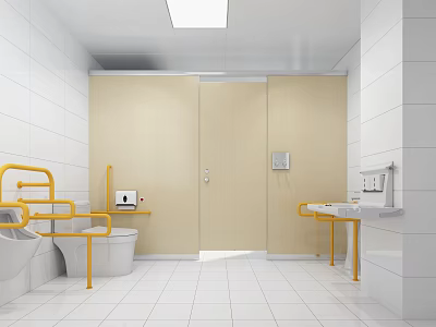 Public Restroom Interior With Yellow Handrails Toilet Sink And White Tiles 3d model