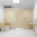 Public Restroom Interior With Yellow Handrails Toilet Sink And White Tiles