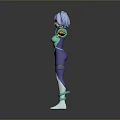3D Rendered Game Movie Character With Blue Gray Hair Teal And Purple Outfit Yellow Gloves