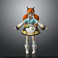 Anime Fantasy Girl Character With Orange Pigtails Horns Blue White Outfit And Green Bag