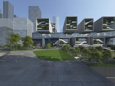 Modern Office Building Architecture Featuring Green Terraces And Landscaped Gardens 3d model