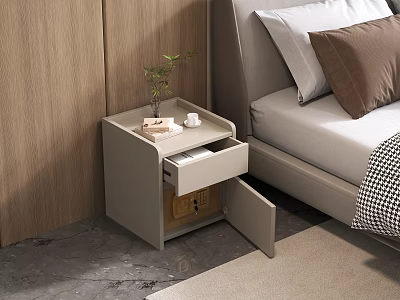 Modern Bedside Table With Open Drawer Small Plant Cup And Book Next To Bed 3d model