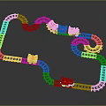 Toy Train Tracks With Curved Black Rails And Multiple Red Yellow Blue Carriages