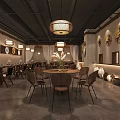 Cozy Restaurant Interior With Wooden Tables Chairs Lantern Pendant Lights And Wall Decorations