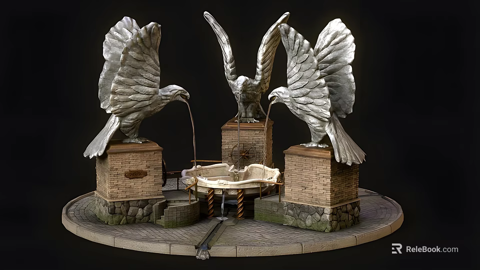 Silver Metal Eagle Sculptures on Brick Pedestals with Circular Basin and Water Flowing from Beaks 3d model 