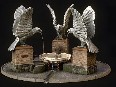 Silver Metal Eagle Sculptures on Brick Pedestals with Circular Basin and Water Flowing from Beaks 3d model