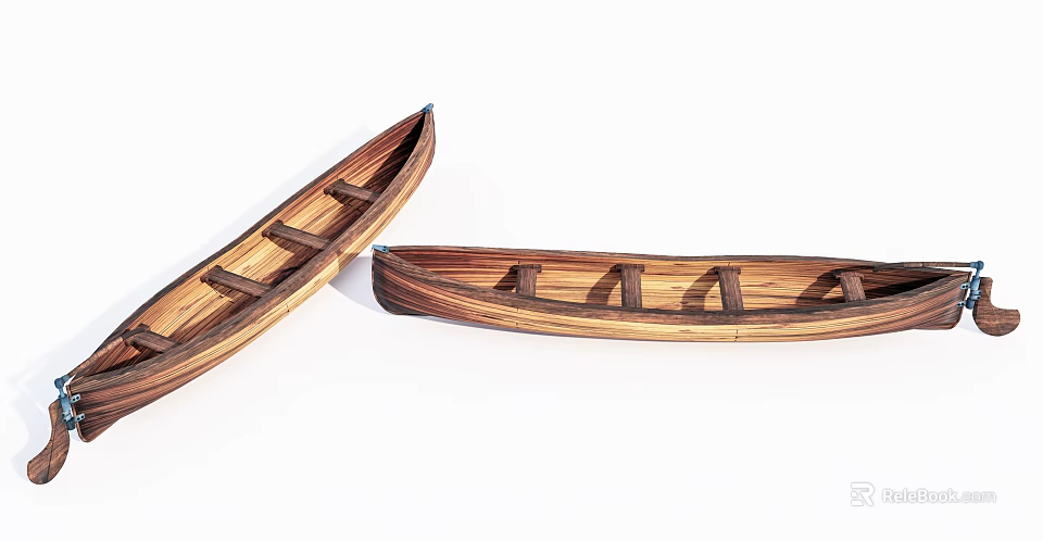 Two Wooden Boat Models With Natural Wood Texture And Seating Planks 3d model 